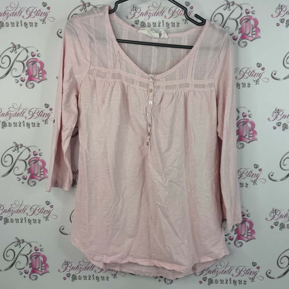 H&M blouse long sleeve milk maid shirt crochet trim Light Pink V-Neck Blouse